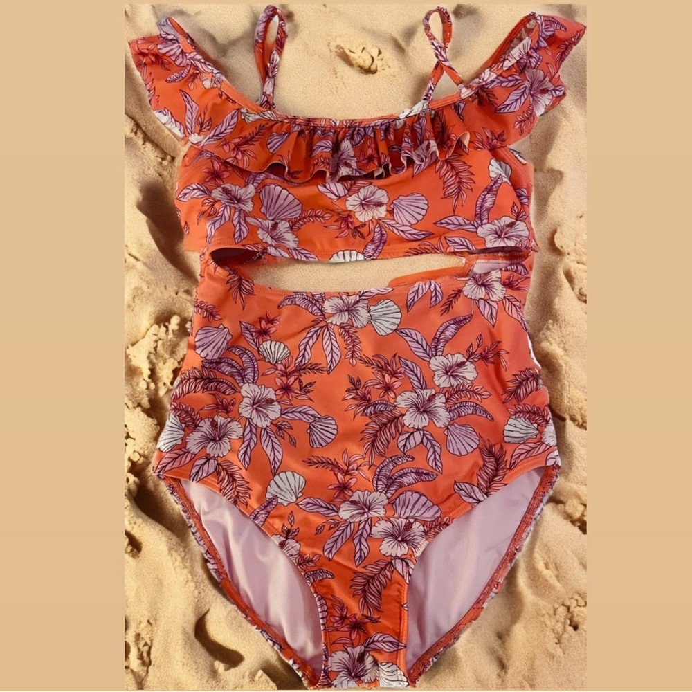 One-Piece Floral Swimsuit with Cut-Outs and Off-Shoulder Ruffles